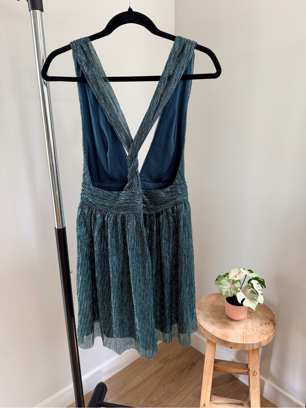 Lulu's Shimmery Teal Plunge Halter Dress - Picture 3 of 6